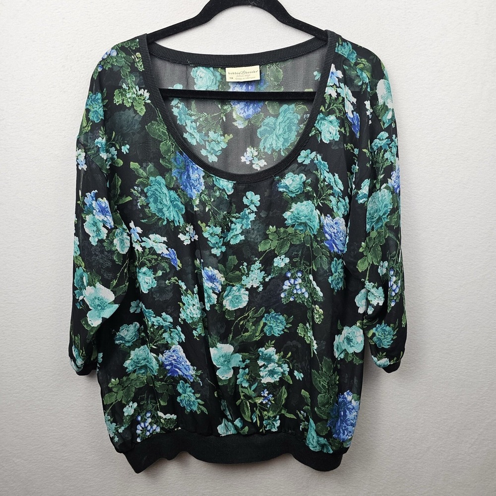 Bobbie & Brooks Top Woman's Size 1X Black Green Blue Floral 3/4 Sleeve Blouse